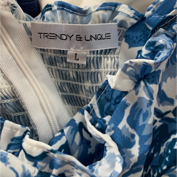 Summery Ruffle Trim Floral Printed Tie Strap Midi Sundress - Blue - Picture 4 of 5